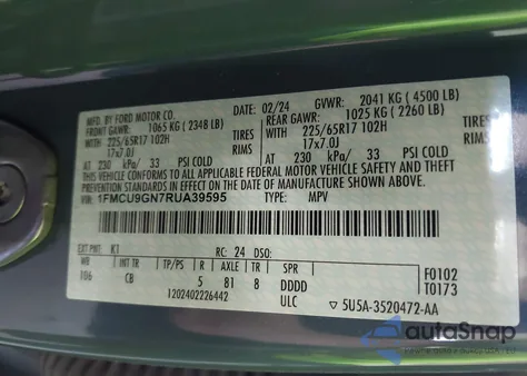 2024 Ford Escape Active from USA, damaged, VIN 1FMCU9GN7RUA39595